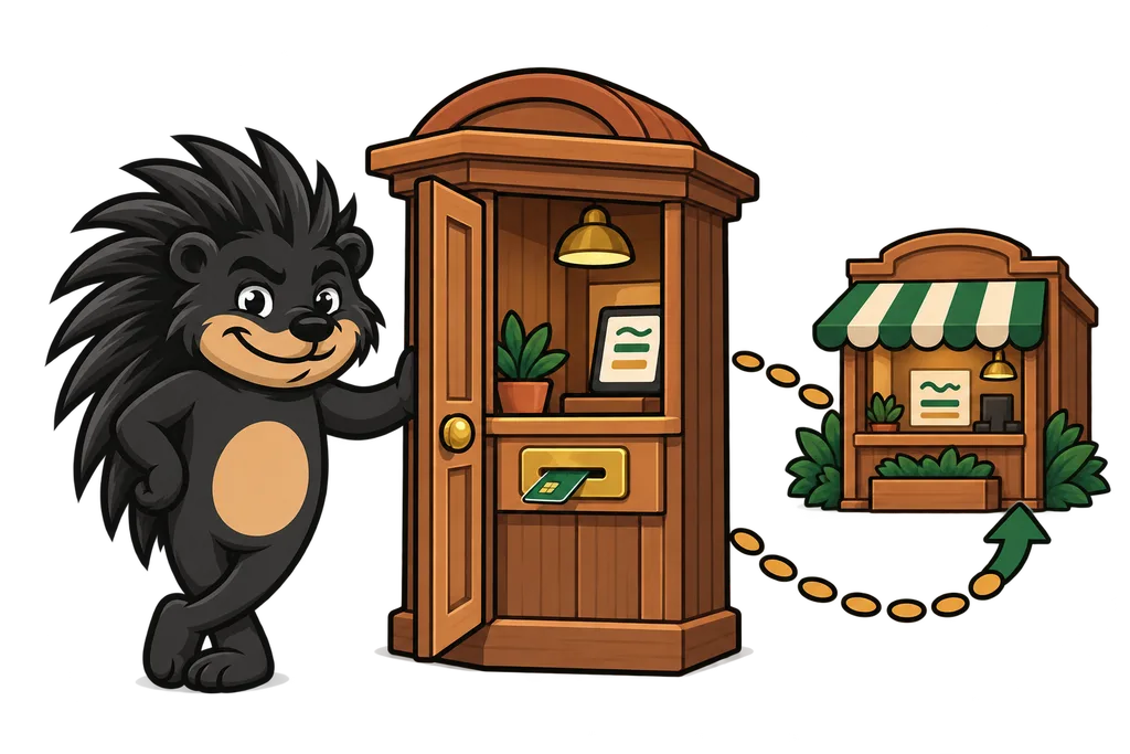 Pixl holds open a wooden payment booth door with a path looping back to his shop
