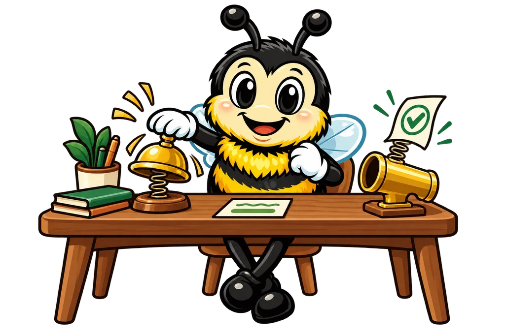 Buzz at a desk as a brass bell rings and a note with a green tick pops from a tube