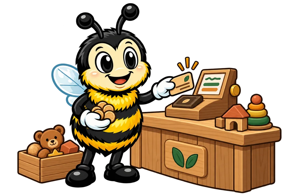 Buzz pays at a toy wooden shop with a cardboard card and wooden play coins