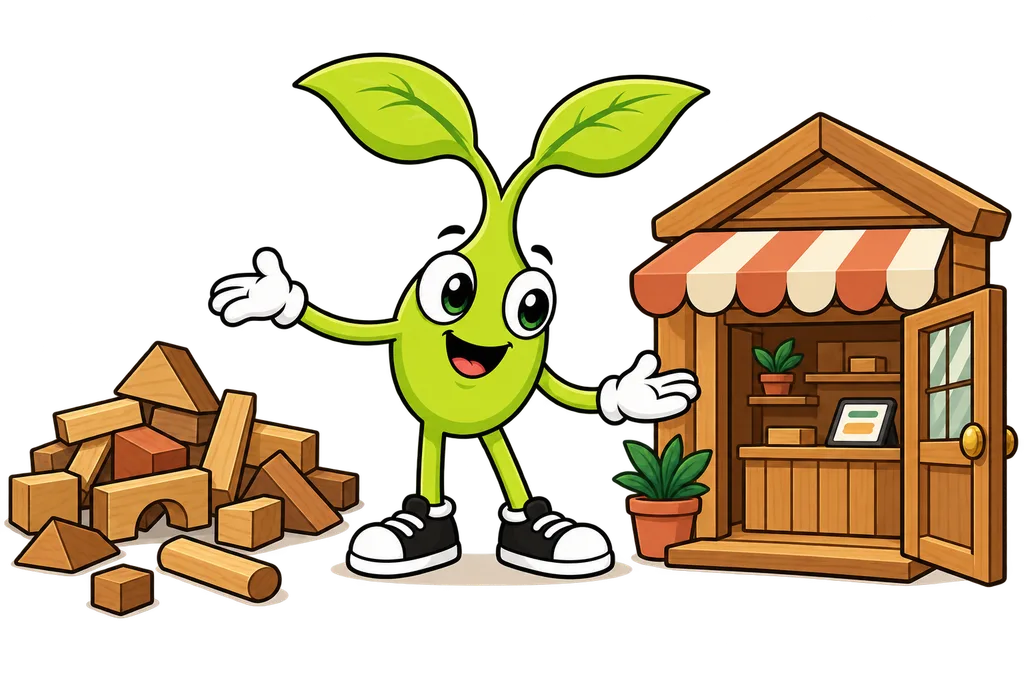 Sprout compares a pile of wooden blocks with a fully built little wooden shop