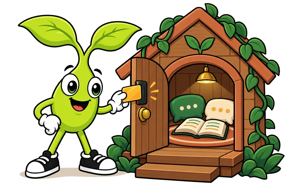 Sprout uses an amber membership card to open a clubhouse with a book and speech bubble cushions