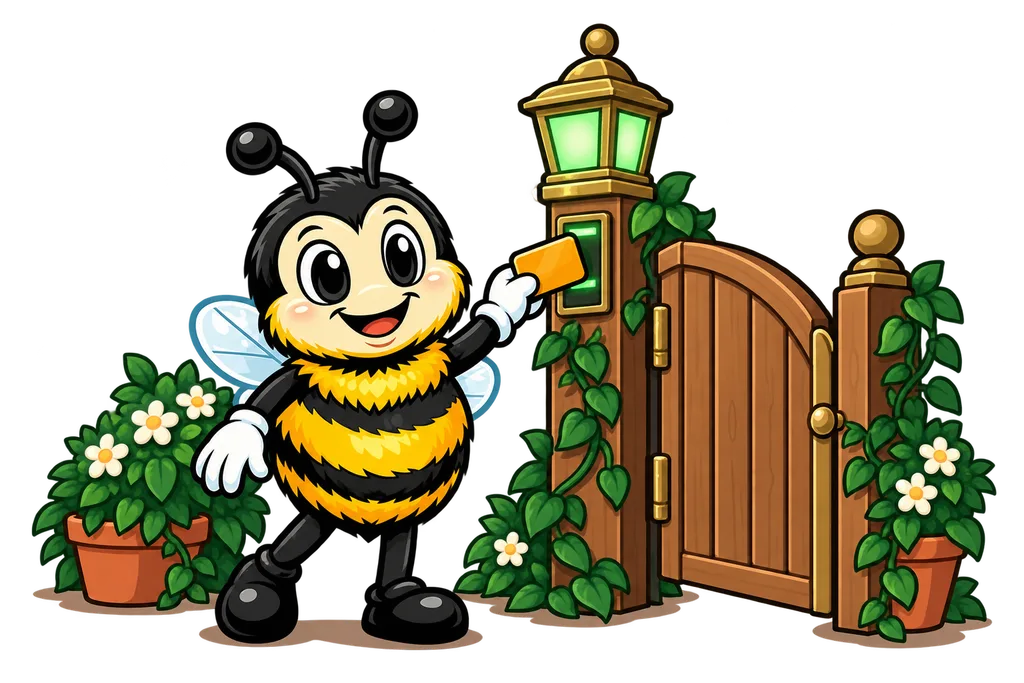 Buzz holds an amber membership card to a lamp that glows green by an open gate