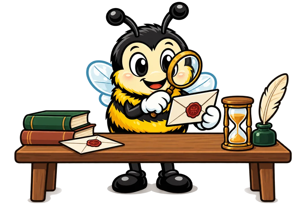 Buzz checks an envelope's wax seal with a magnifier next to a running hourglass