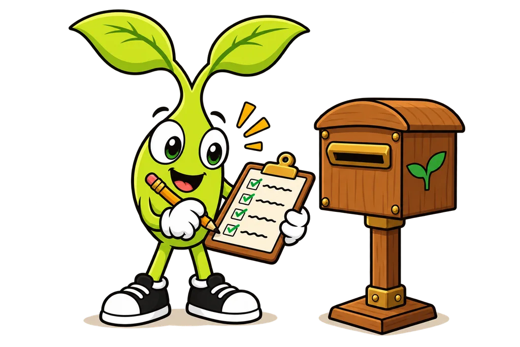 Sprout fills in a paper form on a clipboard with green ticks beside each line, a postbox nearby