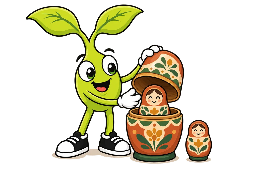 Sprout opens wooden nesting dolls, a small doll inside a medium one inside a large one