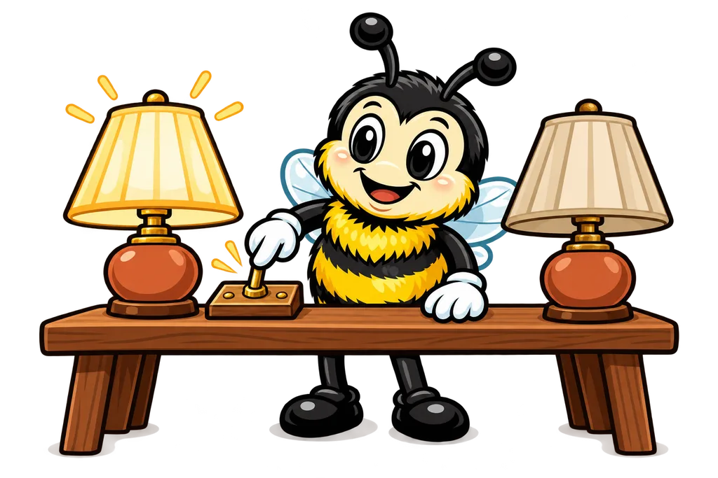 Buzz flips a brass switch between two lamps, one glowing amber and one dark