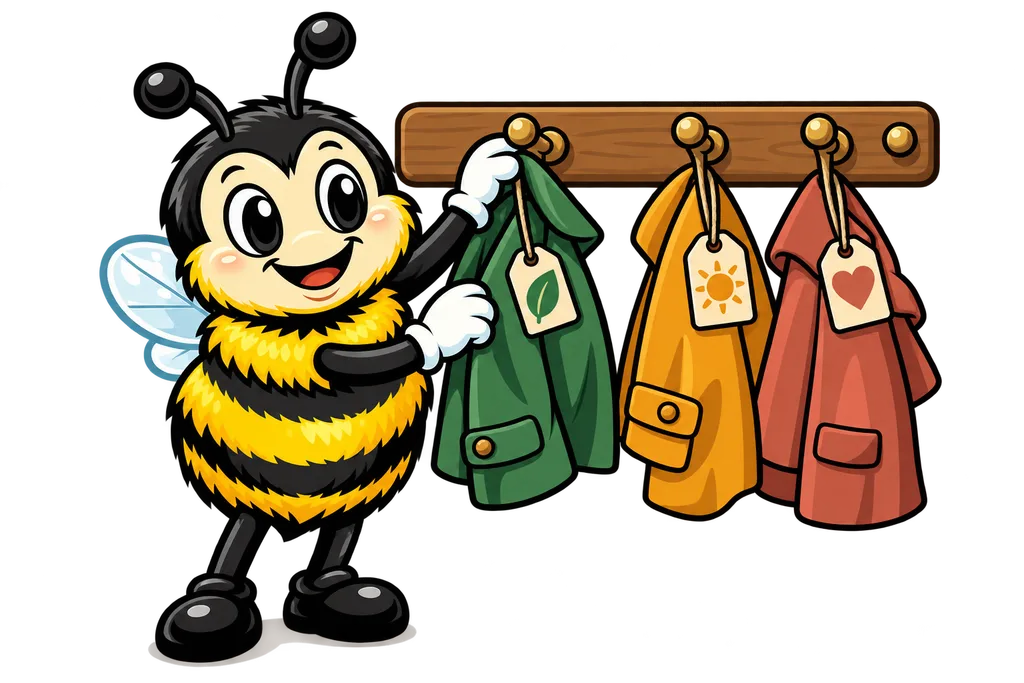 Buzz hangs coats on wooden pegs, each coat tagged with a different coloured shape
