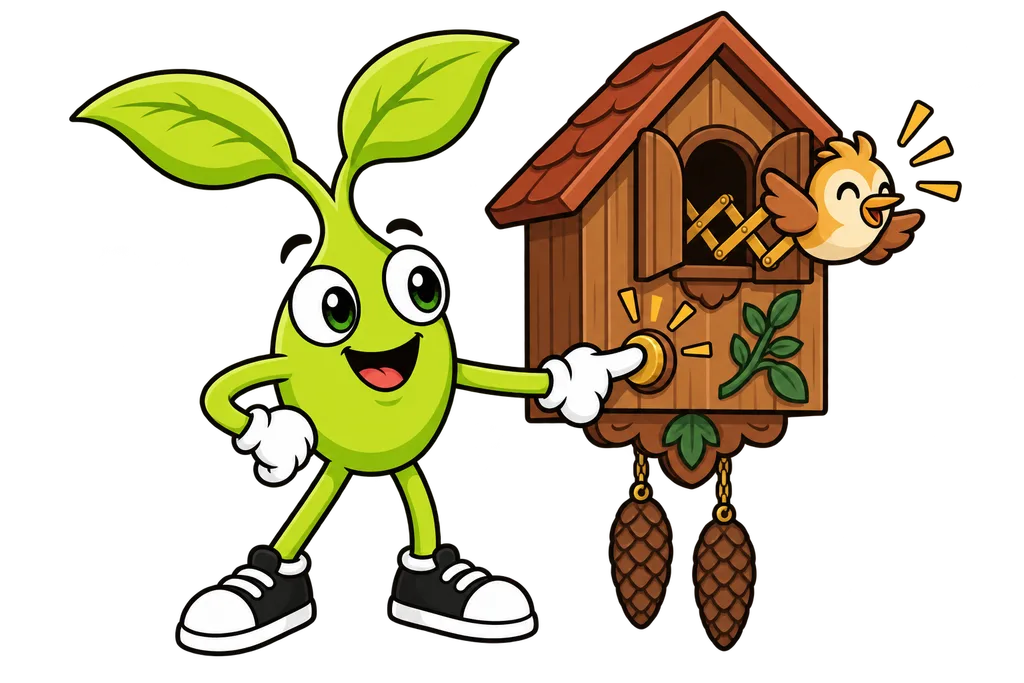 Sprout presses a button on a wooden box and a carved bird pops out of its little door