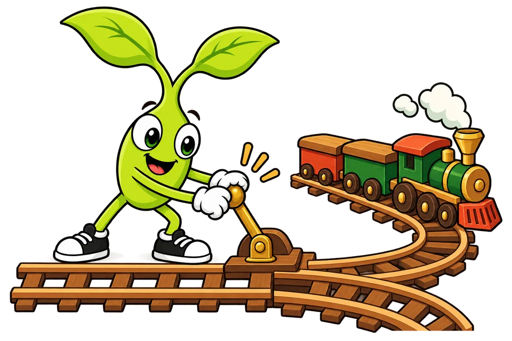 Sprout pulls a lever that diverts a toy train onto a side track away from its usual route
