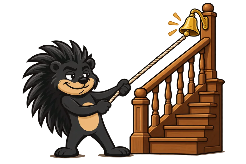 Pixl pulls a cord at the foot of a staircase that rings a brass bell at the top