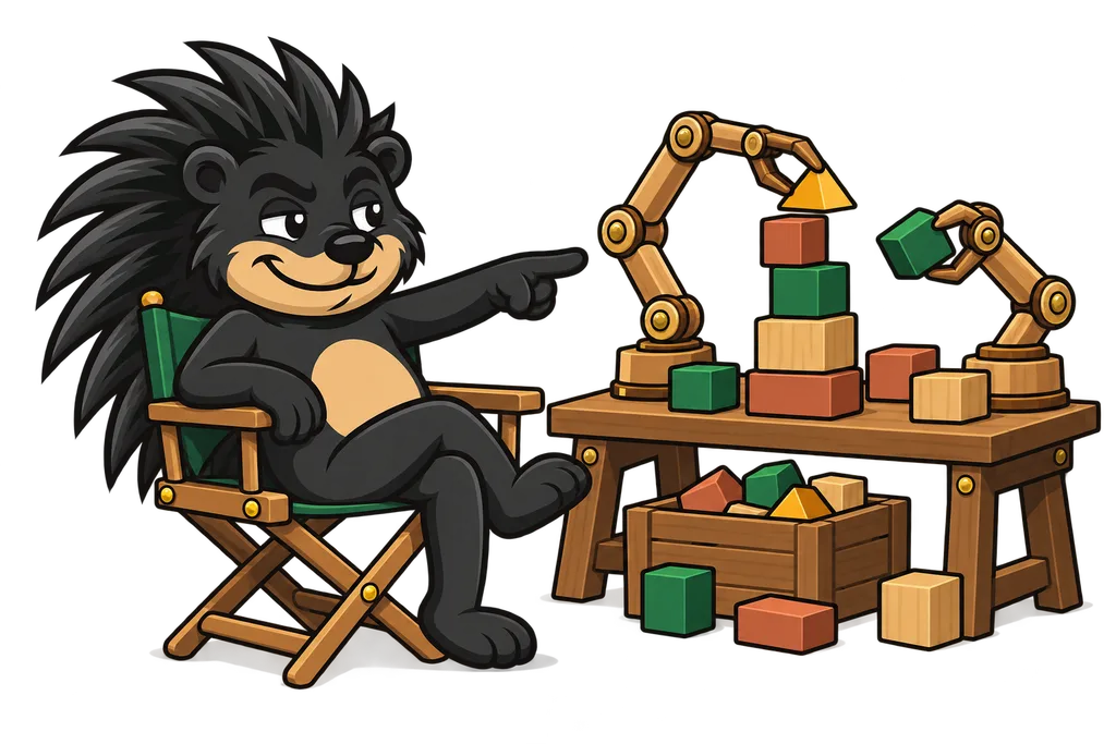 Pixl points from a director's chair while wooden helper arms stack blocks into a tower