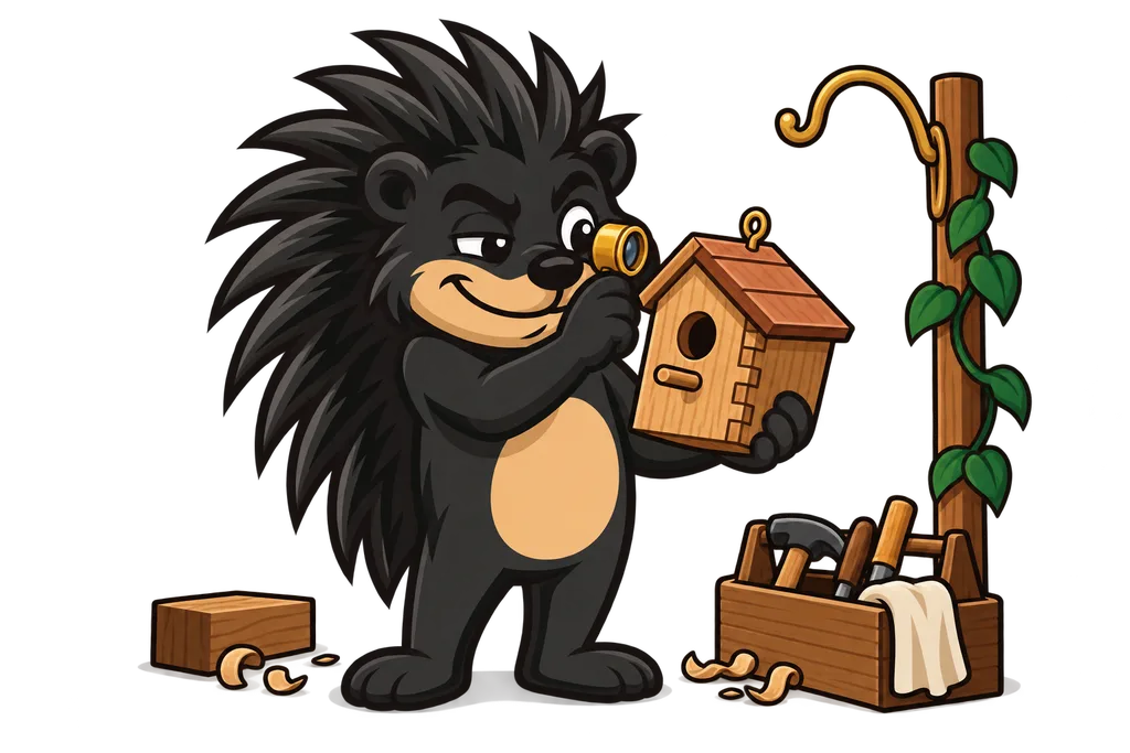 Pixl inspects a new wooden birdhouse through a brass loupe before hanging it