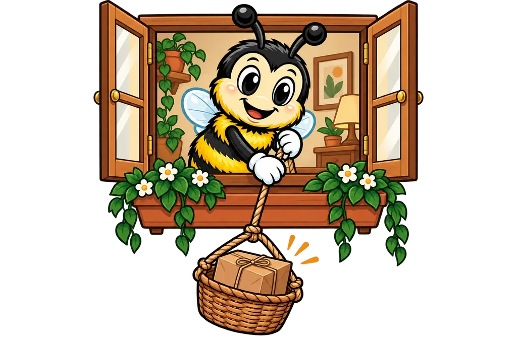 Buzz lowers a basket on a rope from a window to fetch a parcel from the street