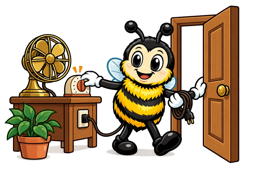 Buzz turns off a kitchen timer and unplugs a desk fan before leaving the room