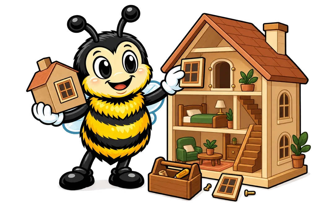 Buzz holds a cardboard model and swaps one window on a wooden dollhouse to match it