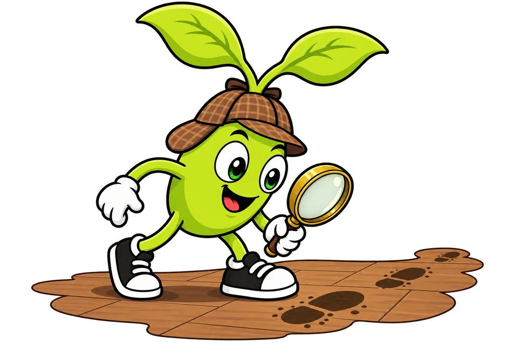 Sprout in a deerstalker hat follows muddy footprints with a magnifying glass