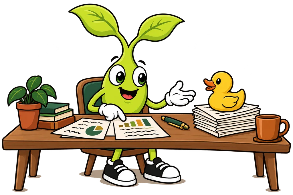 Sprout explains with lively gestures to a yellow rubber duck on a desk