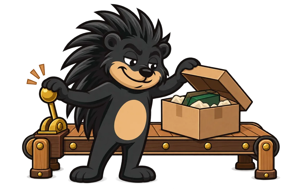 Pixl stops a conveyor belt with a lever and peeks inside a parcel on it