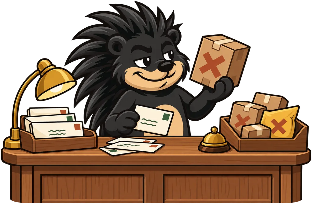 Pixl checks envelopes and parcels at a counter, holding one stamped with a cross