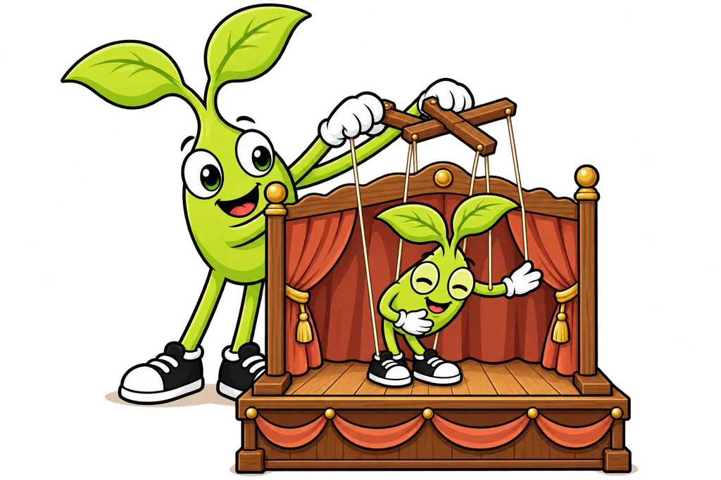 Sprout works a lookalike puppet that bows on a small wooden stage