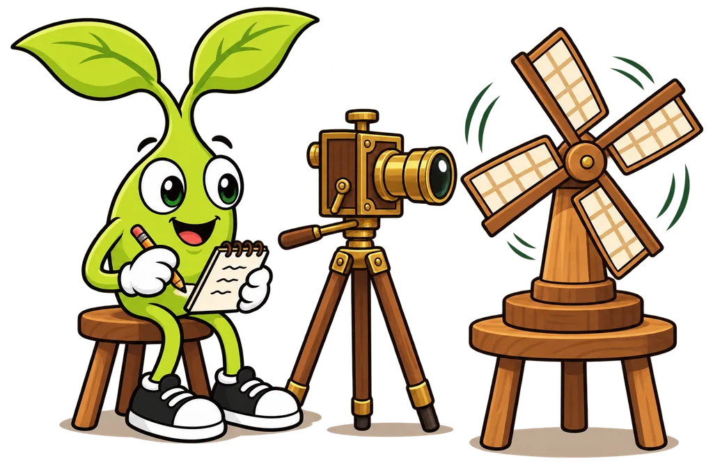 Sprout watches a toy windmill beside a brass camera, marking strokes on a notepad