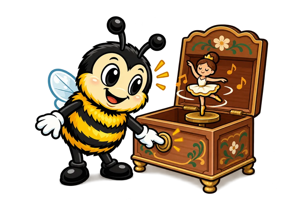 Buzz presses a music box button and watches the dancer spin, back panel closed