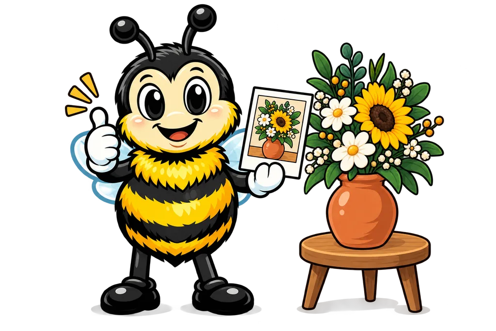 Buzz holds a photo of flowers beside the real vase to compare them