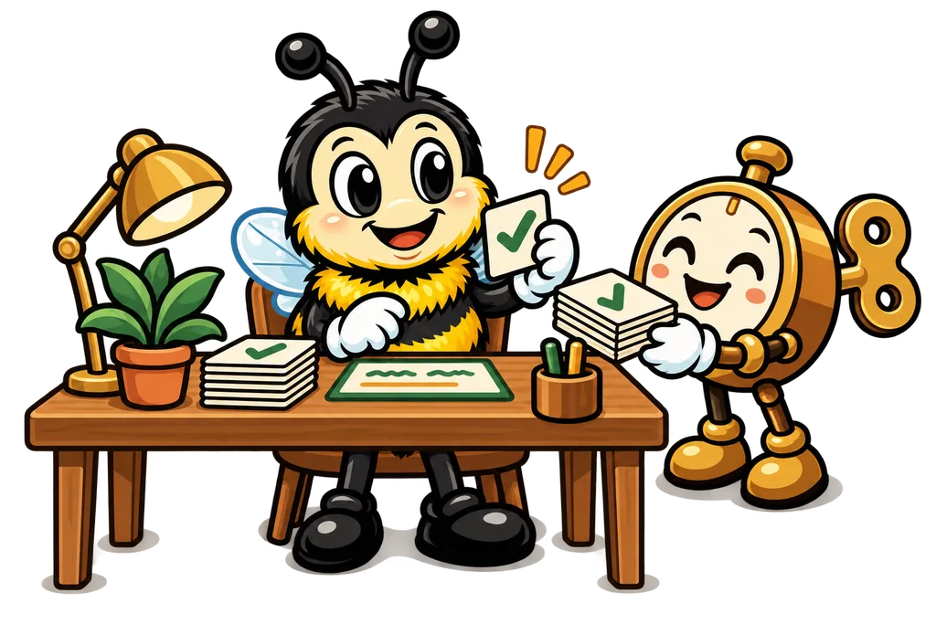 Buzz receives a stack of green ticked cards from a clockwork helper at a shared desk
