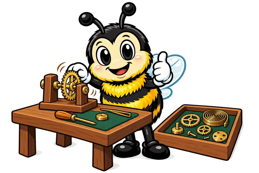 Buzz tests one brass gear on a wooden stand, other clock parts waiting in a tray
