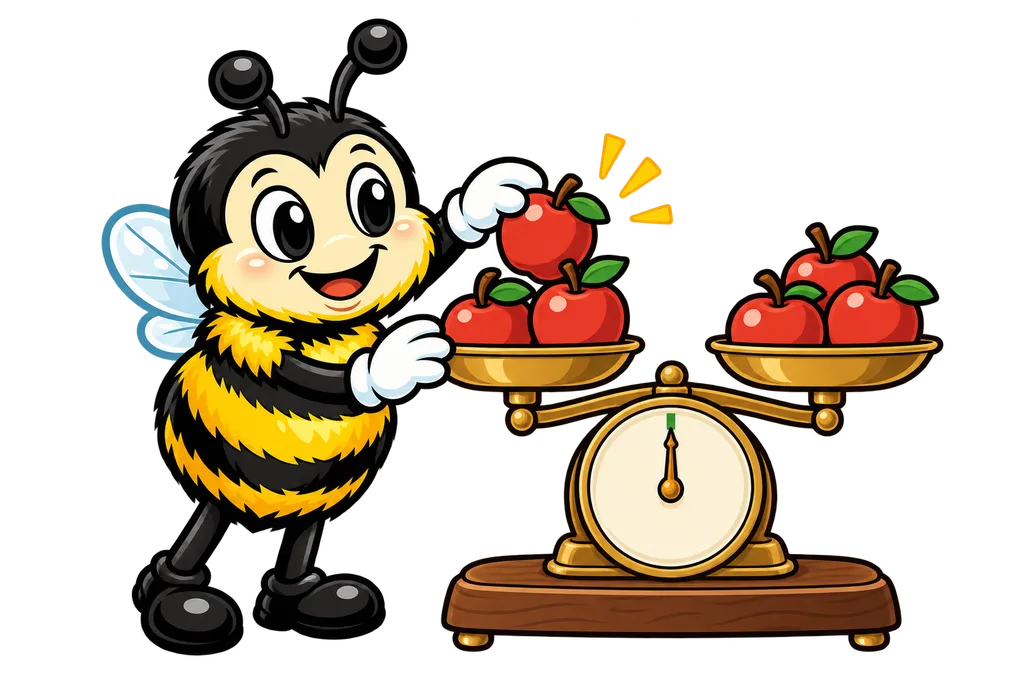 Buzz puts apples on a balance scale and checks the pointer meets a green mark