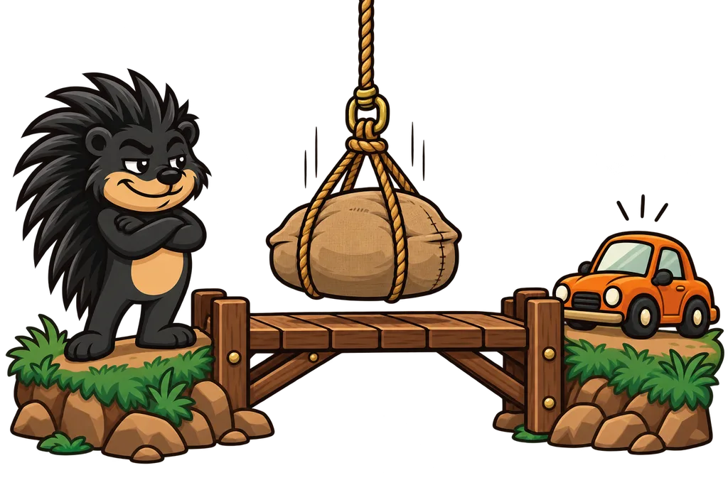 Pixl watches a sandbag lowered onto a wooden bridge while a toy car waits to cross