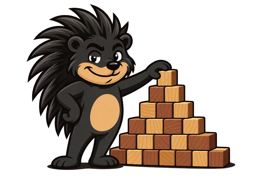 Pixl stands by a pyramid of wooden blocks, many at the base and one on top