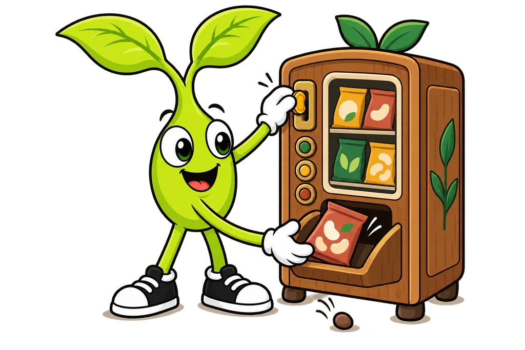 Sprout puts a gold coin into a wooden vending machine and catches a snack while a rejected pebble lies nearby
