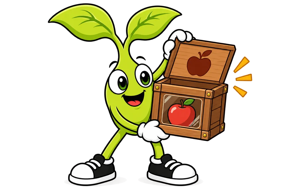 Sprout holds a wooden crate with an apple inside and a matching apple silhouette on its lid