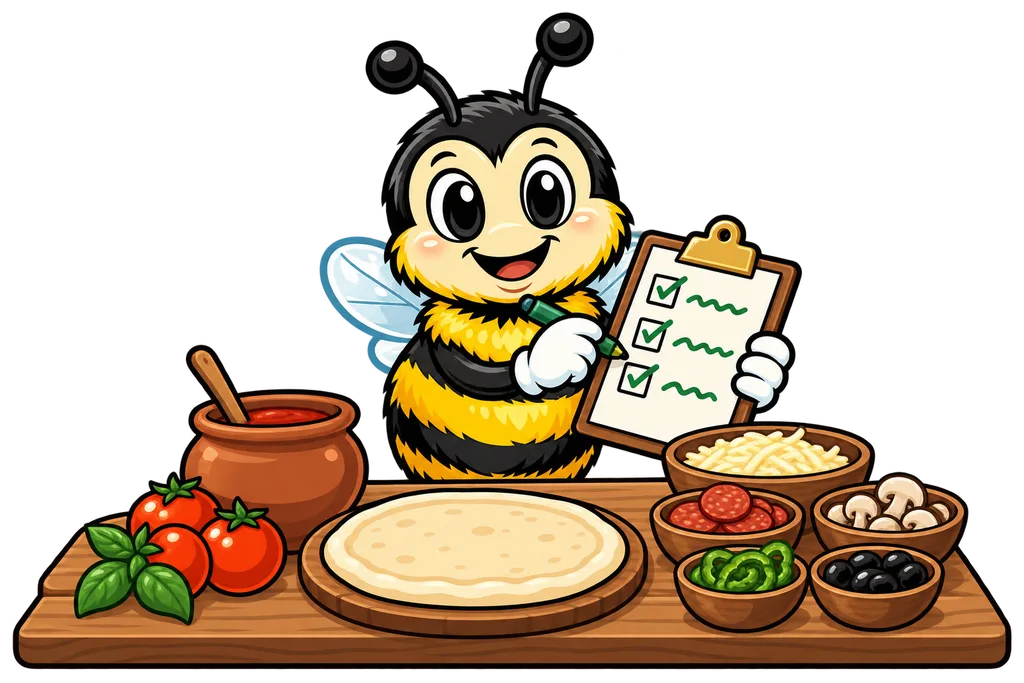 Buzz ticks off a clipboard checklist against pizza dough, a sauce jar and a toppings bowl on a counter