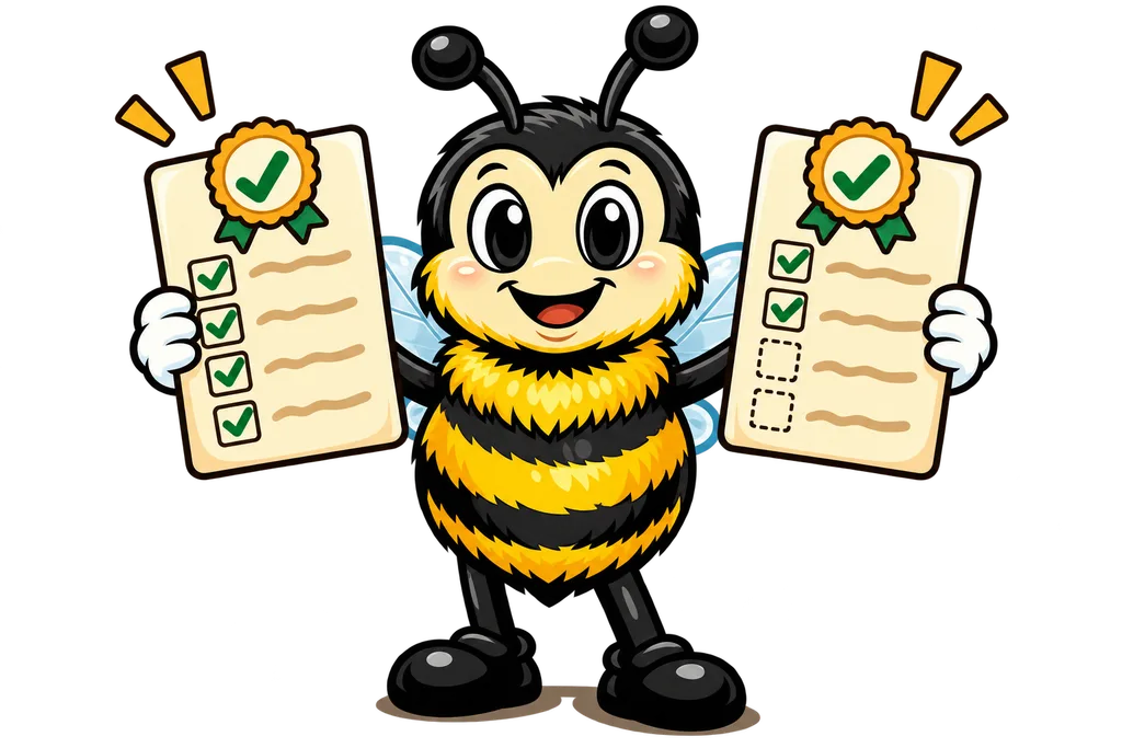 Buzz holds two cards with green seals, one fully ticked and one with dotted boxes left empty
