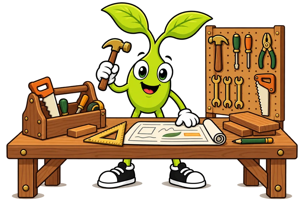 Sprout hangs tools on a pegboard over a tidy wooden workbench with a toolbox and rolled plan