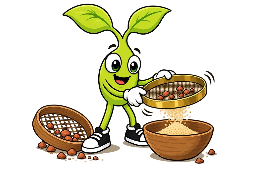 Sprout sifts sand through a fine brass sieve that catches small pebbles, a coarse sieve set aside