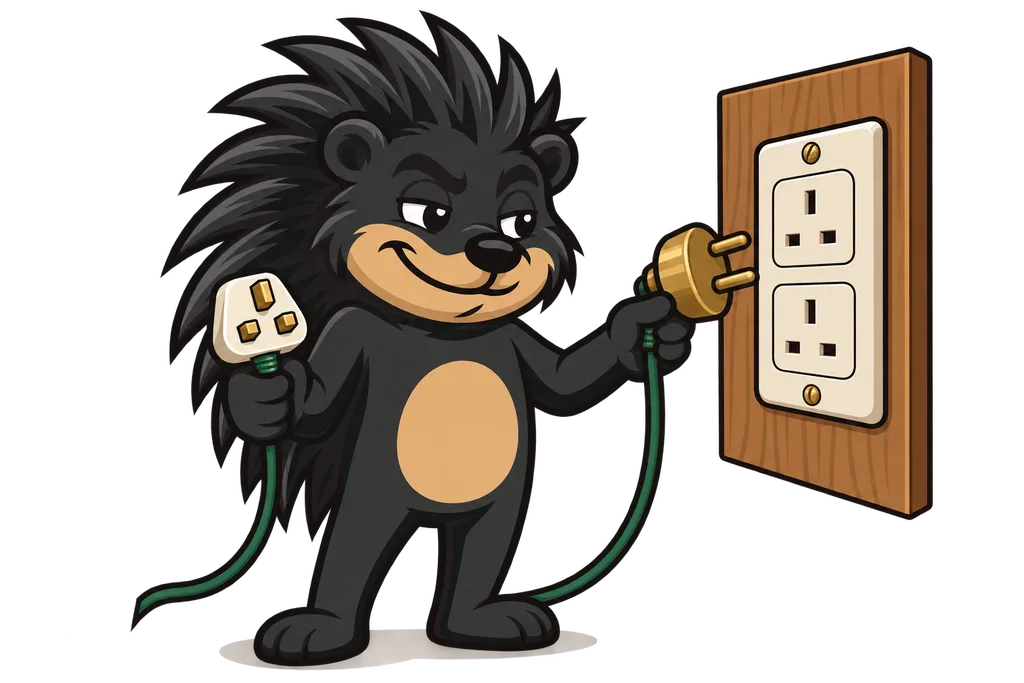 Pixl holds a mismatched brass plug up to a wooden wall socket, the right plug in his other paw