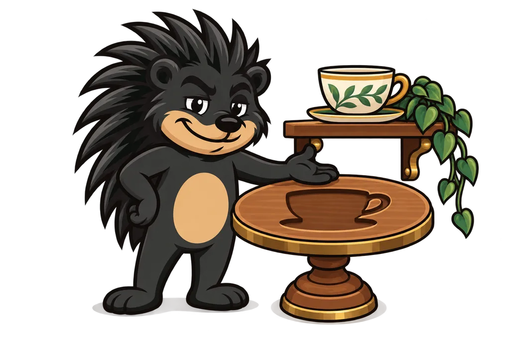 Pixl places an empty display stand with a carved teacup outline, a teacup waiting on a shelf behind
