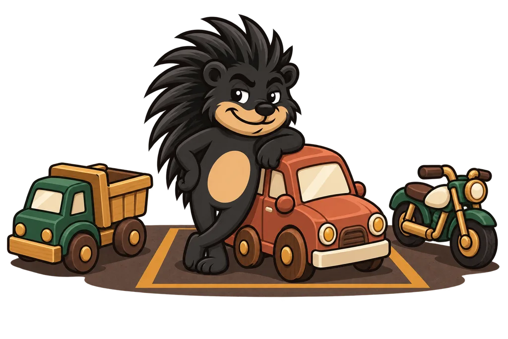 Pixl leans by a parking bay holding a toy car, with a toy truck and motorcycle waiting beside it
