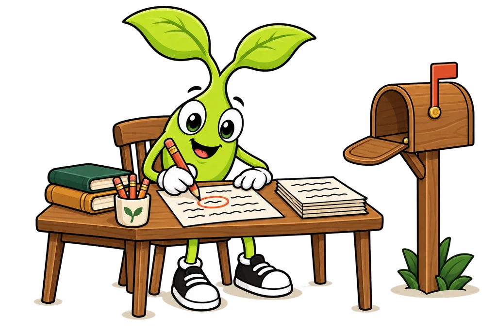 Sprout circles a wobbly squiggle on a handwritten sheet in terracotta pencil, next to an unposted wooden mailbox