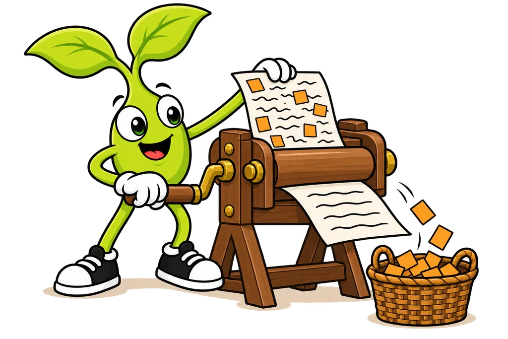 Sprout cranks a wooden press that turns a tagged sheet into a plain sheet with the tags removed