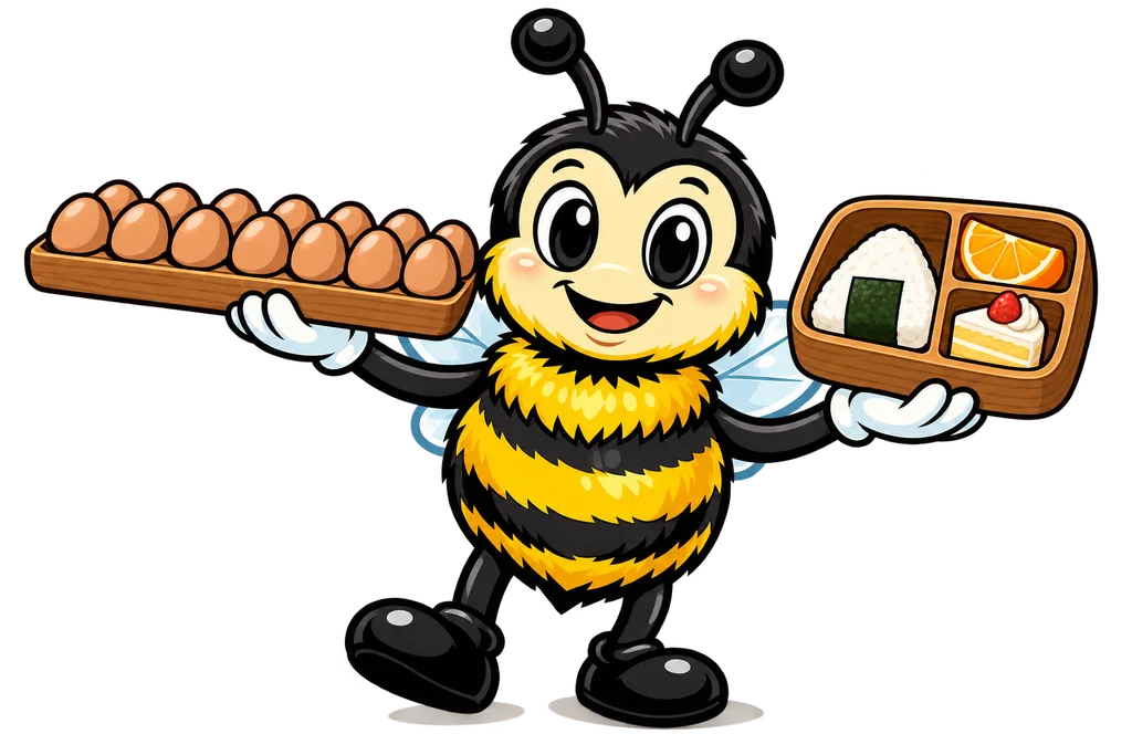 Buzz holds an egg tray of matching eggs and a three compartment bento box with different foods